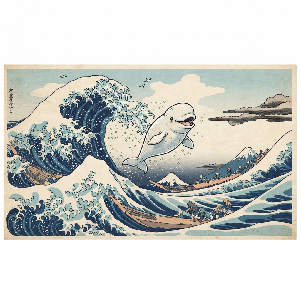 Ukiyo-e woodblock print of a great indigo wave with a beluga whale leaping through it, Mount Fuji in the distance